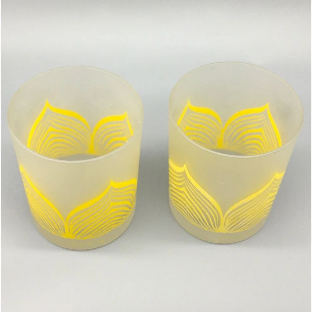 Vintage Georges Briard Low Ball Old Fashion Glasses MCM Pair Frost Clear Yellow